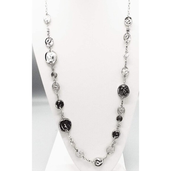 Chico's Silver Tone Hammered Graduated Mixed Circles 45 inch Long Necklace - Picture 1 of 4